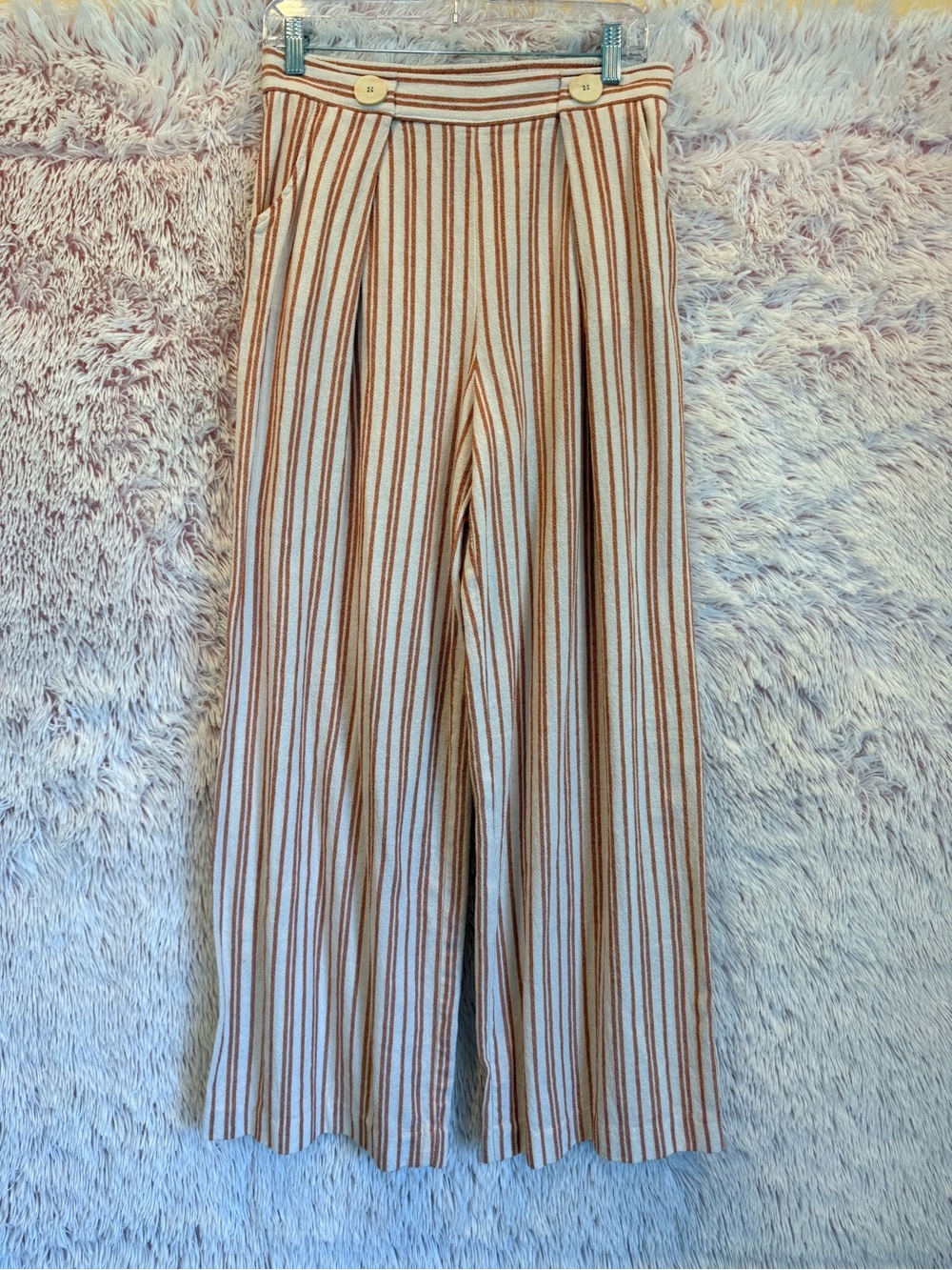 Zara Cream and Brown Vertical Stripe Wide-Leg Pants